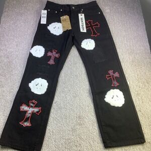Watson Denim Jeans Black Embellished Cross Cloud‎ Applique Mens Size 32 x 30 NWT